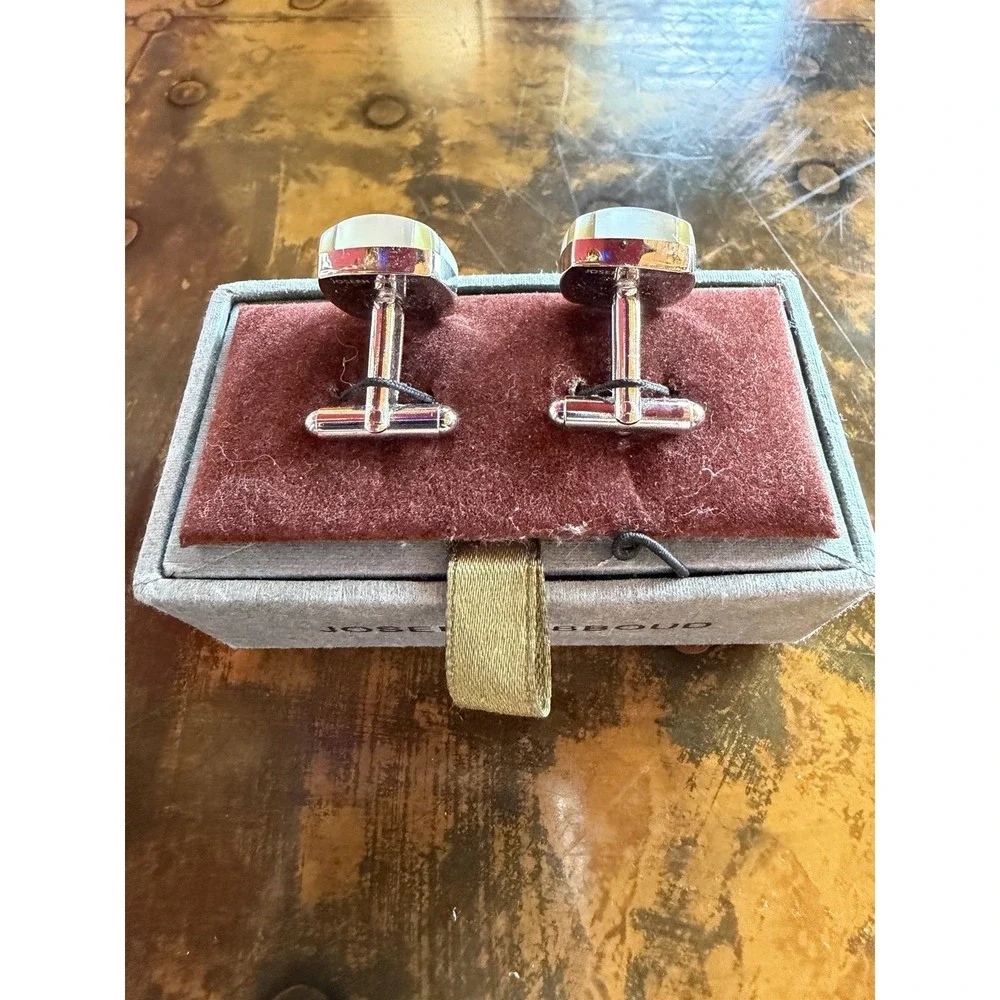 VTG Joseph Abboud Cufflinks Onyx Mother of Pearl Inlay Silver Tone Grid W/ Box
